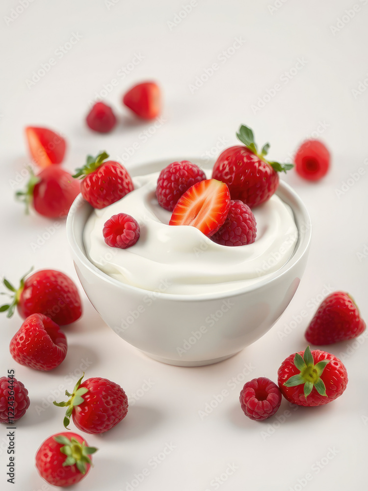 Homemade yogurt with a selection of handpicked strawberries and raspberries, handpicked, delicious, organic ingredients, farm-fresh Homemade yogurt with a selection of handpicked strawberries and raspberries, handpicked, delicious, organic ingredients, farm-fresh