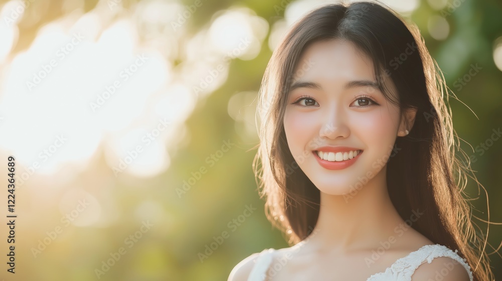 Radiant Smiling Woman in Sunlit Nature Setting Radiant Smiling Woman in Sunlit Nature Setting