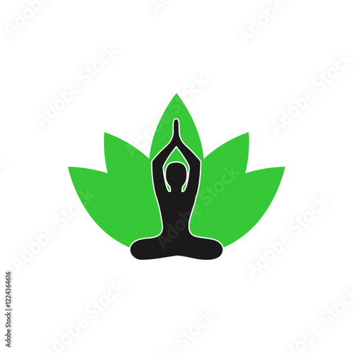  Silhouette of a meditating woman, lotus flower icon isolated on white background.