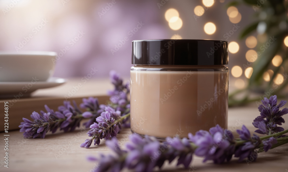 An elegant, luxurious body butter jar with mocha mousse fragrance, surrounded by fresh lavender and eucalyptus sprigs. The soft, glowing An elegant, luxurious body butter jar with mocha mousse fragrance, surrounded by fresh lavender and eucalyptus sprigs. The soft, glowing