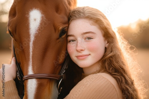 Pastoral Affectionate Equestrian Aesthetic Young Woman in Classic Riding Attire with Horse in Sunlit Meadow - Emotional Storytelling and Lifestyle Content for Luxury Branding photo