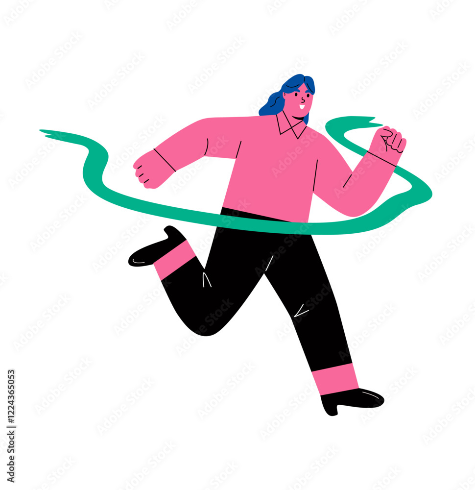 Obraz premium Business woman run cross the finish line. Success concept. Flat vector illustration isolated on white background