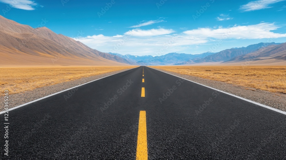 Fototapeta premium Open Highway Stretching Through Barren Landscape Under Clear Blue Sky and Majestic Mountains in Background
