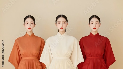 Contemporary Ethno-Fusion Fashion Minimalist Modern Hanbok in Asymmetrical Cuts and Soft Pleats - Chic Cultural Expression for Fashion Retail and Design Showcases photo