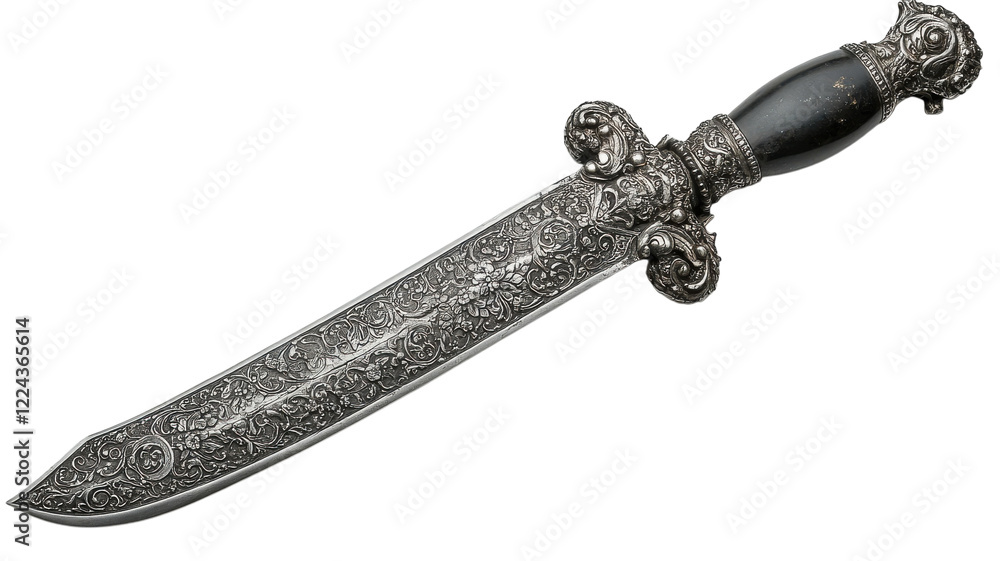 Elegant craftsmanship of an ornate silver dagger resting on a surface, showcasing intricate designs Elegant craftsmanship of an ornate silver dagger resting on a surface, showcasing intricate designs