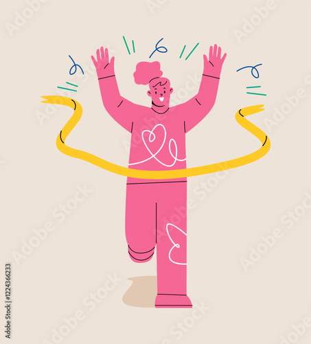 Woman run cross the finish line. Success concept. Colorful vector illustration