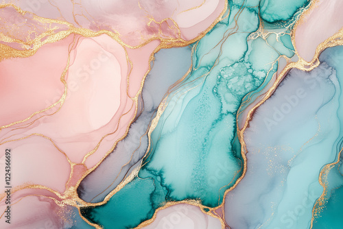 Abstract painting.  Fluid, swirling patterns of teal, pink, and light beige colors.  Gold lines and flecks create intricate veins and highlights within the abstract shapes.  The colors transition smoo photo