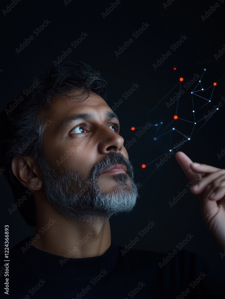 Fototapeta premium Holographic Cryptocurrency Dashboard Indian Man, 35, in Formal Wear Navigating Blockchain Networks - Cutting-Edge Investment Analysis and Secure Digital Asset Strategy for Financial Growth