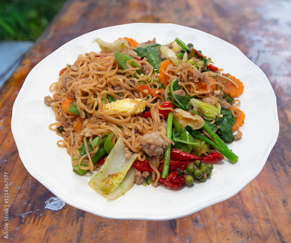 Stirfried Instant Noodles with Pork and Veggies laso food menu Stirfried Instant Noodles with Pork and Veggies laso food menu