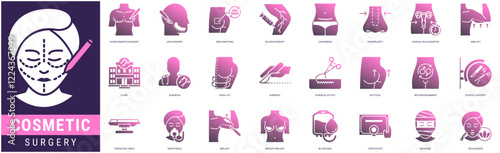 Cosmetic Surgery Icon set with microneedling,gynecomastia surgery,jaw surgery,skin grafting,sclerotherapy,caesarean,rhinoplasty,vaginal rejuvenation and arm lift