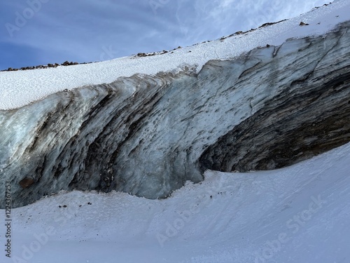 deep ice cave entrance with exposed stratified glacier layers and dark sediment in bogdanovich glacier, almaty, geological studies natural texture background
 photo