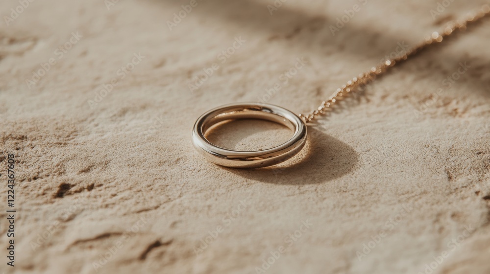 Elegant gold circle pendant necklace on beige textured surface. Elegant gold circle pendant necklace on beige textured surface.
