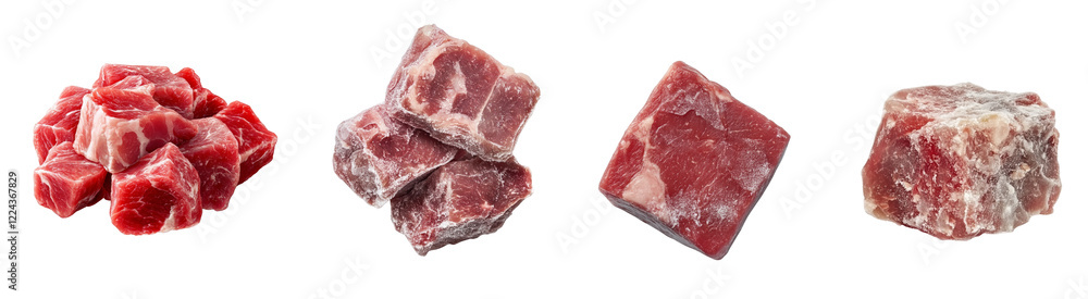 The image showcases various cuts of beef some frozen and others fresh, highlighting different states of preservation. The image showcases various cuts of beef some frozen and others fresh, highlighting different states of preservation.