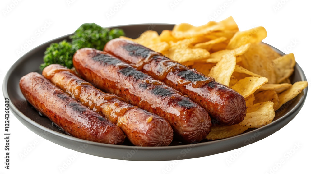 grilled sausages with fries isolated on white background grilled sausages with fries isolated on white background