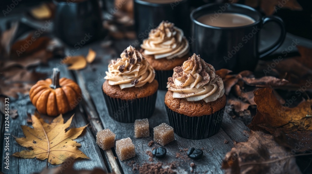 A close-up of pumpkin and cinnamon cupcakes, adorned with creamy frosting on an old wooden table. A close-up of pumpkin and cinnamon cupcakes, adorned with creamy frosting on an old wooden table.