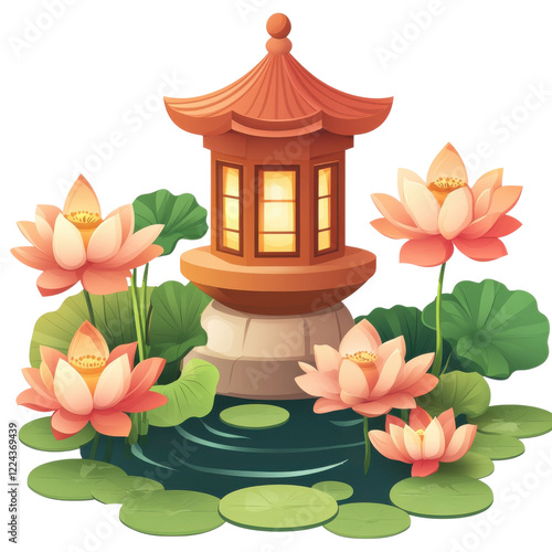 A peaceful scene featuring a traditional pagoda surrounded by blooming lotus flowers and tranquil waters, perfect for relaxation and reflection. photo