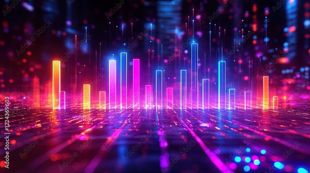Neon glowing bar chart with floating data points, set in a futuristic digital landscape Neon glowing bar chart with floating data points, set in a futuristic digital landscape
