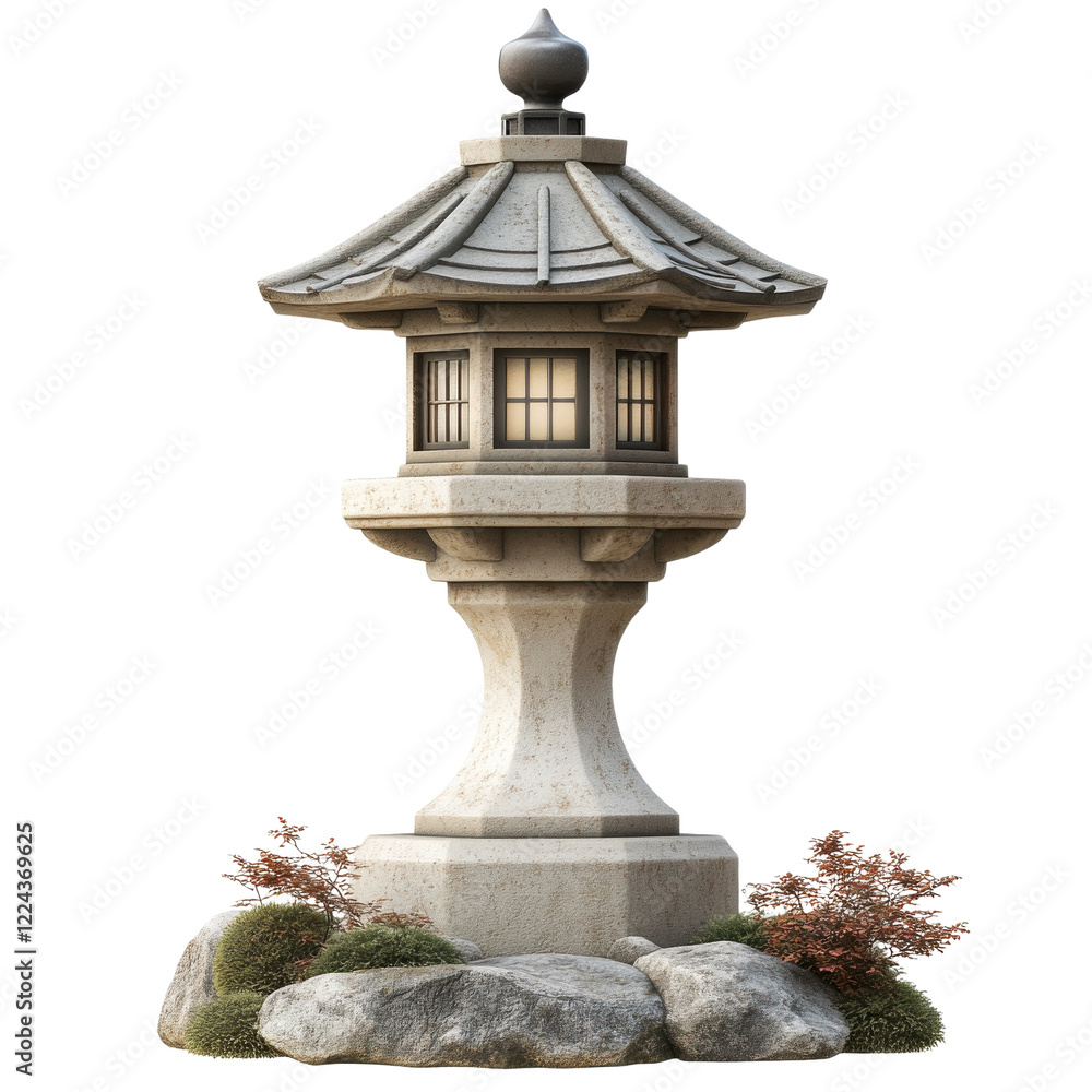 A serene stone lantern surrounded by colorful plants, showcasing traditional architectural beauty in natural surroundings. A serene stone lantern surrounded by colorful plants, showcasing traditional architectural beauty in natural surroundings.