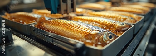 Labeling machine applies stickers to sardine cans in a fish processing facility photo