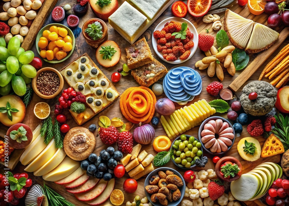 Aerial View of Delicious 3D Rendered Food Platter - Gourmet Feast from Above Aerial View of Delicious 3D Rendered Food Platter - Gourmet Feast from Above