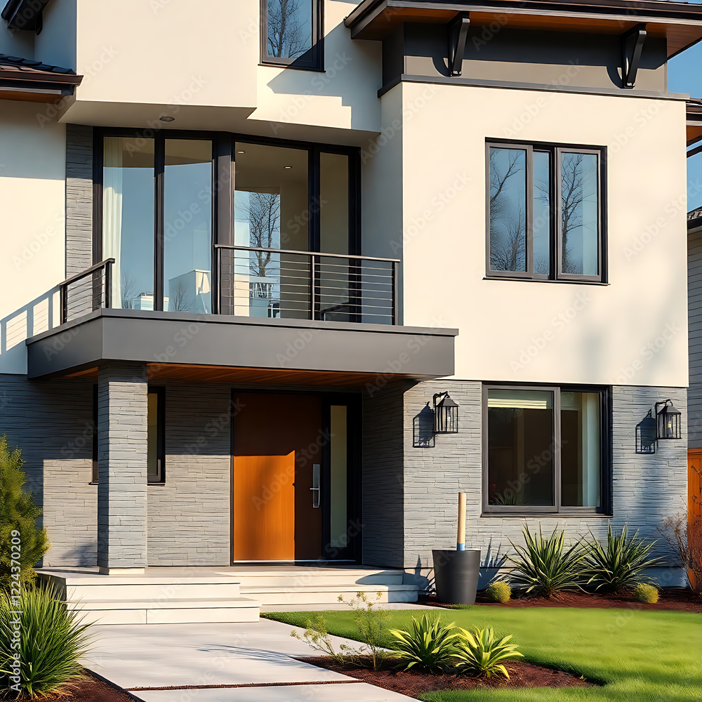 Fototapeta premium Modern House Exterior: Contemporary Home Design with Stone Facade and Balcony