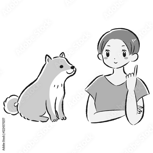 おすわり（待て）をする犬と飼い主のイラスト