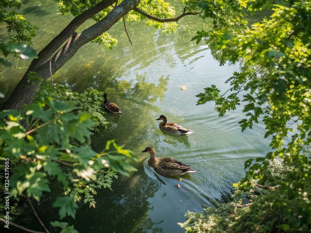 Fototapeta premium Aerial View of Ducks Hidden Under Tree Shade - Peaceful Wildlife Scene