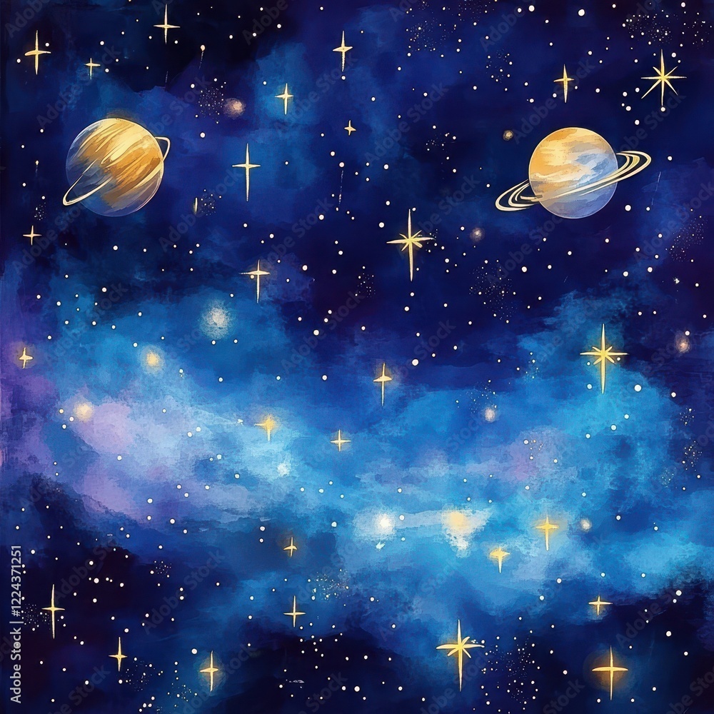 Naklejka premium Celestial Scene with Planets and Sparkling Stars in a Night Sky