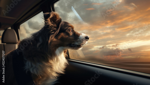 Pensive Spaniel Dog Sitting in Car During Rainy Evening photo