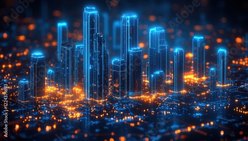 Wallpaper Mural Futuristic digital cityscape with glowing blue skyscrapers  
 Torontodigital.ca