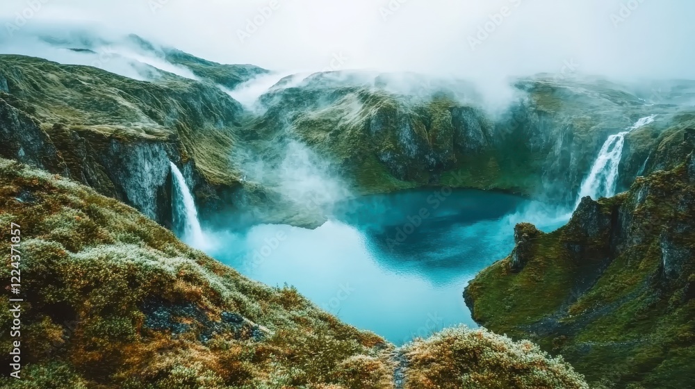 Naklejka premium Misty mountain landscape with waterfalls and turquoise lake 