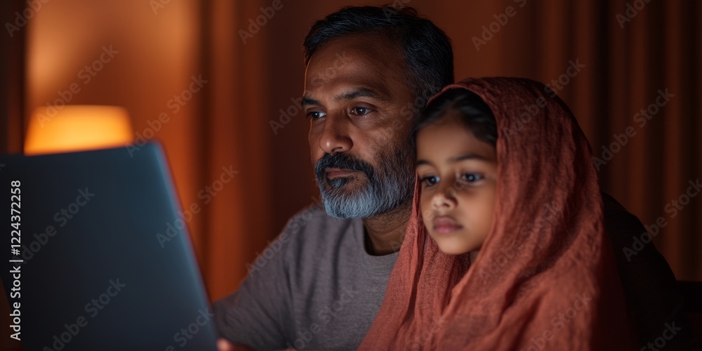 Obraz premium Warm Modern Tech Indian Family Embraces Remote Work on Laptops and Tablets at Home - Enhancing Digital Education and Collaboration in Smart Workspaces