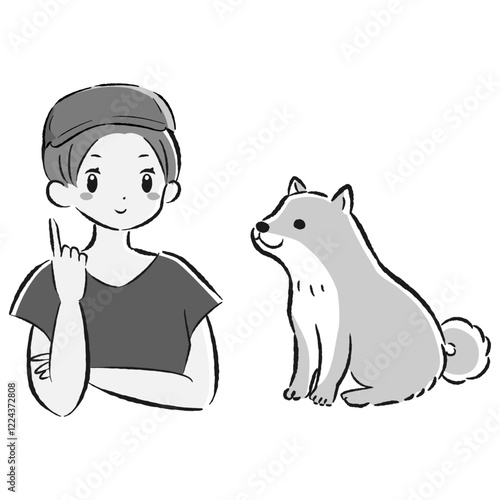 おすわり（待て）をする犬とドッグトレーナーのイラスト
