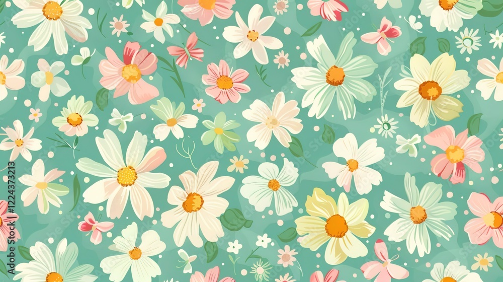 Obraz premium A charming spring background adorned with an array of spring flowers and delicate daisies. The vibrant colors and sweet scents of these blossoms create a refreshing and inviting atmosphere 