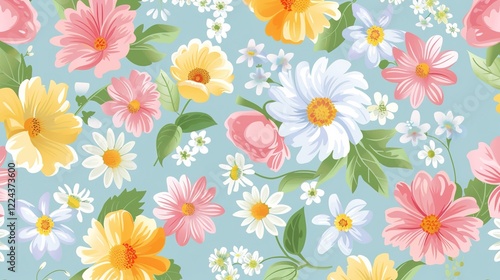 A charming spring background adorned with an array of spring flowers and delicate daisies. The vibrant colors and sweet scents of these blossoms create a refreshing and inviting atmosphere 