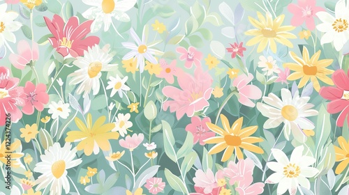 A charming spring background adorned with an array of spring flowers and delicate daisies. The vibrant colors and sweet scents of these blossoms create a refreshing and inviting atmosphere