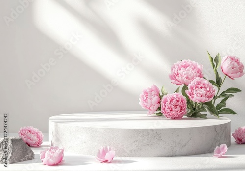 Product podium scene with pink peonies on a white background, gray stone blocks, empty space for product presentation mockup,  photo