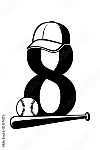 Baseball Icon with Number 8 Design , Black and white sports-themed graphic featuring a baseball bat, ball, cap, and bold number "8" in a stylish design on a white background.  
 
