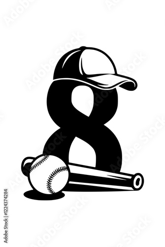 Baseball Icon with Number 8 Design , Black and white sports-themed graphic featuring a baseball bat, ball, cap, and bold number "8" in a stylish design on a white background.  
 
