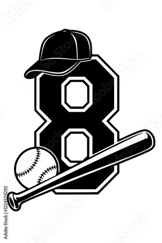 Baseball Icon with Number 8 Design , Black and white sports-themed graphic featuring a baseball bat, ball, cap, and bold number "8" in a stylish design on a white background.  
 
