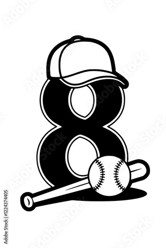 Baseball Icon with Number 8 Design , Black and white sports-themed graphic featuring a baseball bat, ball, cap, and bold number "8" in a stylish design on a white background.  
 
