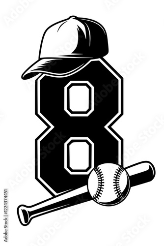 Baseball Icon with Number 8 Design , Black and white sports-themed graphic featuring a baseball bat, ball, cap, and bold number "8" in a stylish design on a white background.  
 
