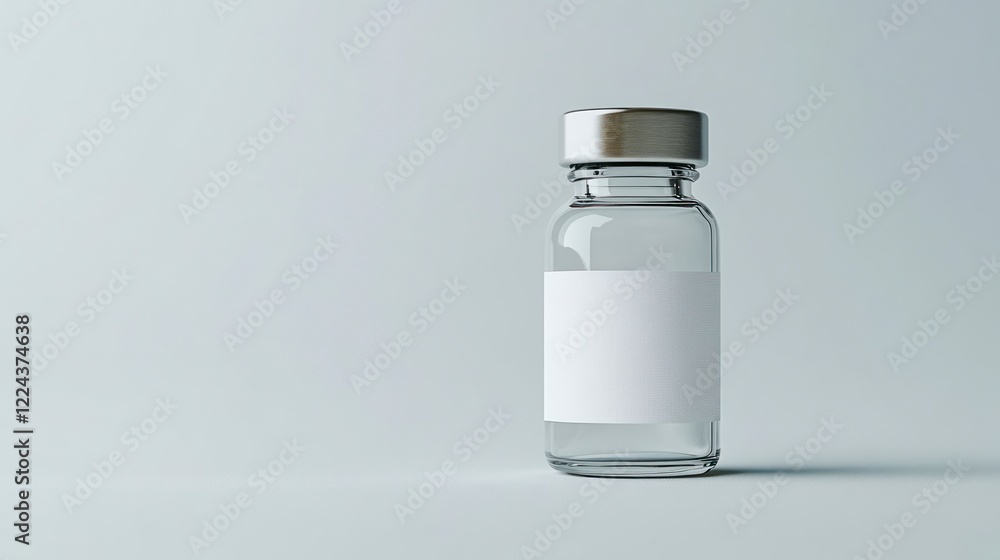A small glass vial with a white label and silver cap, isolated on a clear background. A small glass vial with a white label and silver cap, isolated on a clear background.