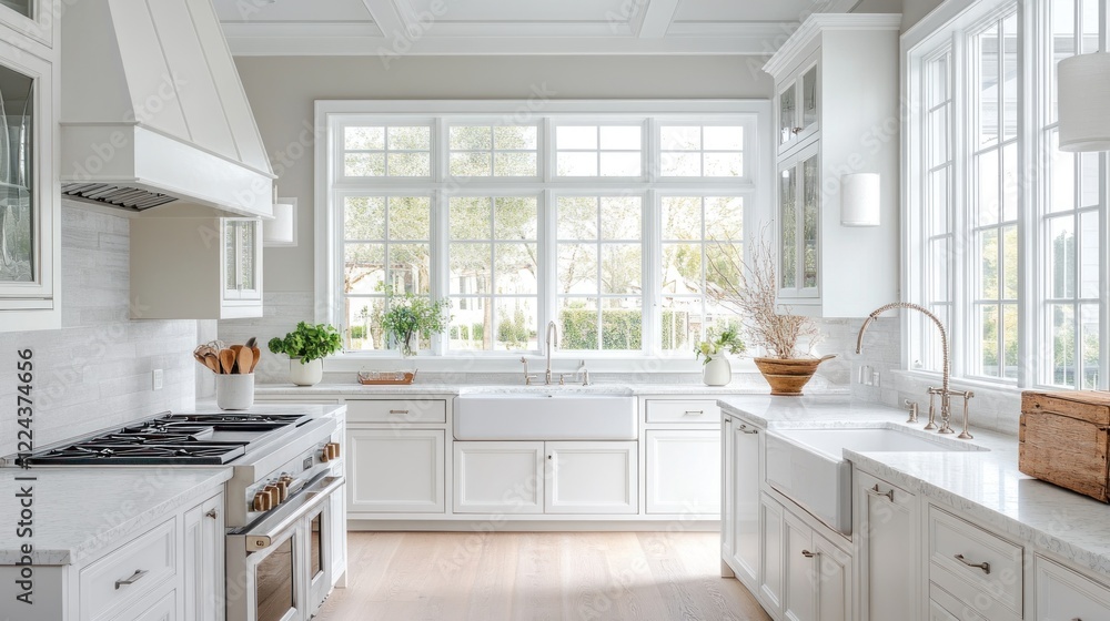 Clean Minimalist Kitchen with White Cabinets and Oversized Windows allowing natural light Clean Minimalist Kitchen with White Cabinets and Oversized Windows allowing natural light