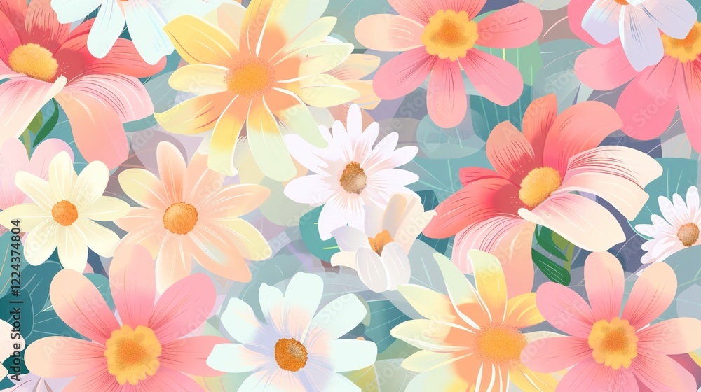 A charming spring background adorned with an array of spring flowers and delicate daisies. The vibrant colors and sweet scents of these blossoms create a refreshing and inviting atmosphere A charming spring background adorned with an array of spring flowers and delicate daisies. The vibrant colors and sweet scents of these blossoms create a refreshing and inviting atmosphere