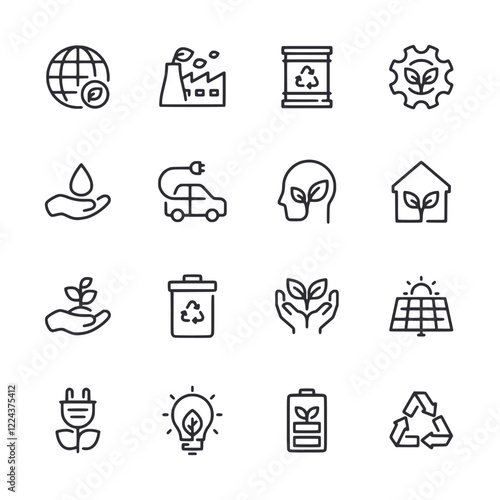 A set of icons for the environment, including a hand holding a plant, a car