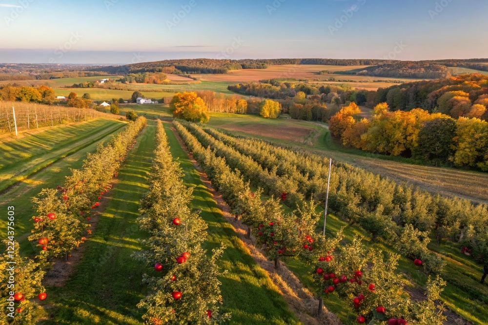 Aerial View of Lush Orchard during Apple Harvest - Autumn Scenery Aerial View of Lush Orchard during Apple Harvest - Autumn Scenery