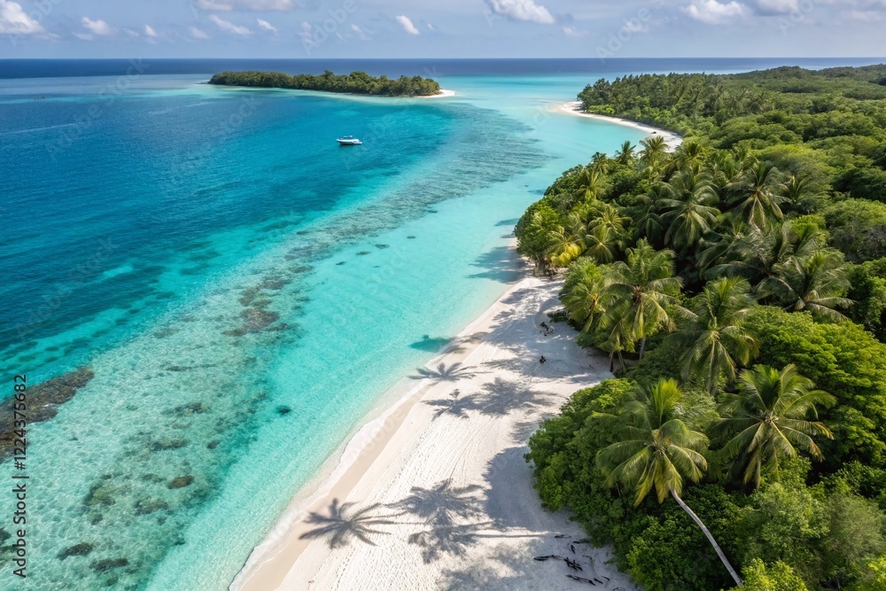 Obraz premium Aerial View of Lush Tropical Island Paradise: Turquoise Waters & White Sand Beaches