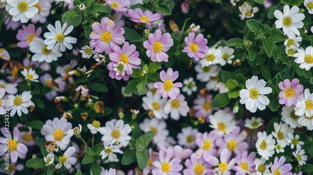 A charming spring background adorned with an array of spring flowers and delicate daisies. The vibrant colors and sweet scents of these blossoms create a refreshing and inviting atmosphere A charming spring background adorned with an array of spring flowers and delicate daisies. The vibrant colors and sweet scents of these blossoms create a refreshing and inviting atmosphere
