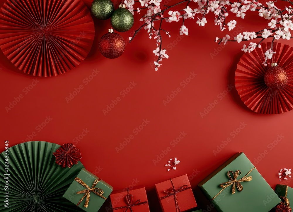 Red background, Chinese New Year decorations with red paper fans and green gift boxes on the left side of the image Red background, Chinese New Year decorations with red paper fans and green gift boxes on the left side of the image